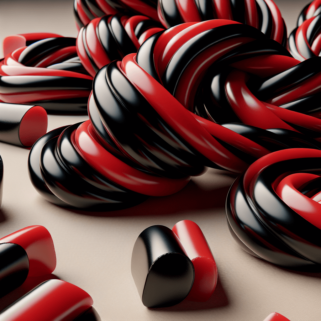 Assortment of glossy licorice candy, including twisted black ropes and vibrant red bites, offering a mix of bold flavors and chewy textures