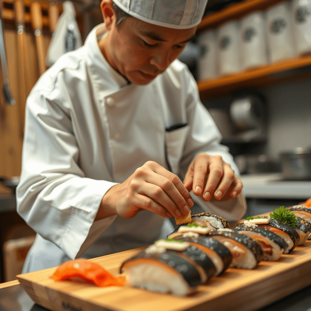 Artfully arranged sushi platter at Omiya Sushi showcasing fresh nigiri, sashimi, and inventive maki rolls, blending traditional craftsmanship with modern elegance in a sleek, minimalist ambiance."